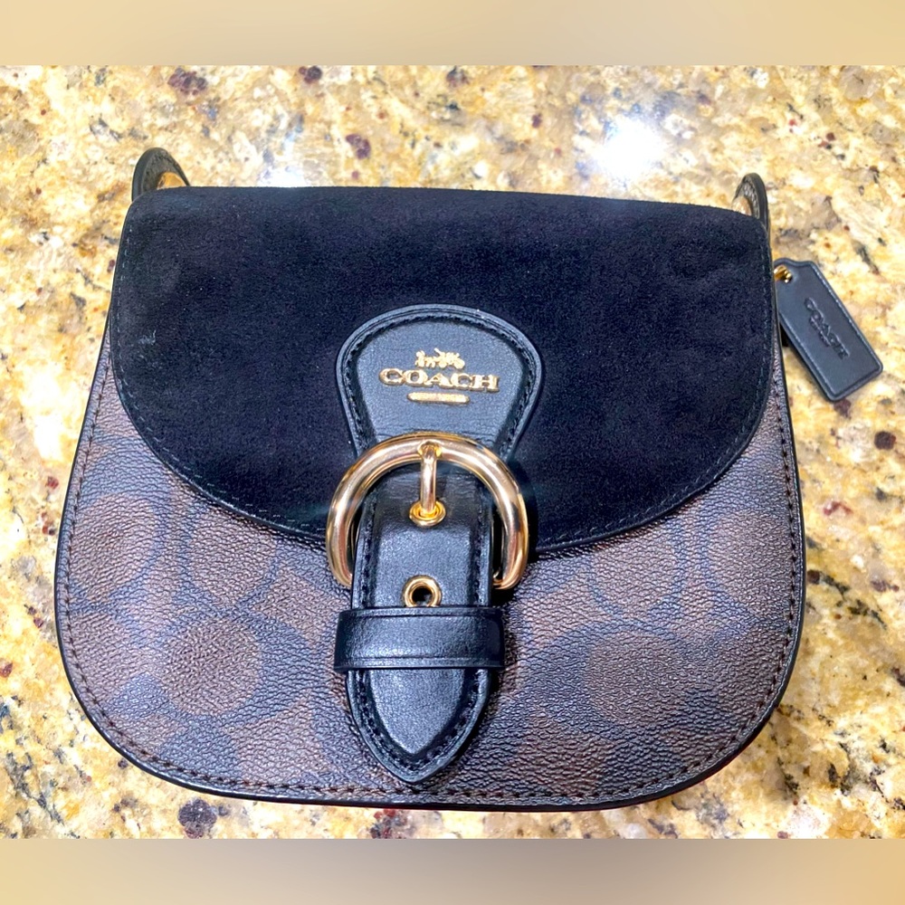 COACH Suede Black Leather Handbag Kleo Med23 In Signature Logo Gold Hardware
